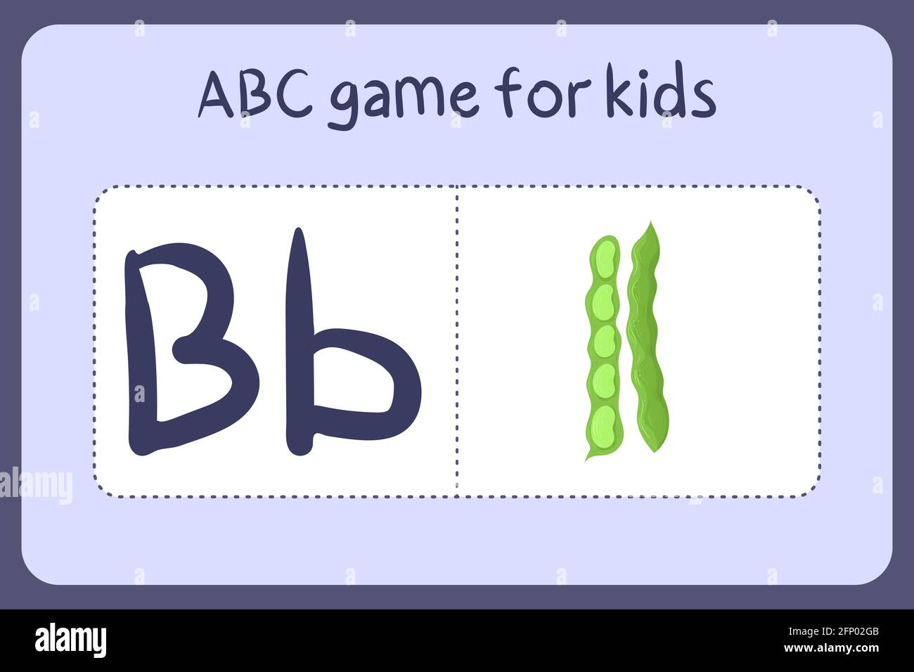 Mini-jeux d'alphabet pour enfants de style dessin animé avec lettre B - haricot. Illustration vectorielle pour la conception de jeux - couper et jouer. Apprenez l'abc avec des cartes flash de fruits et légumes. Illustration de Vecteur