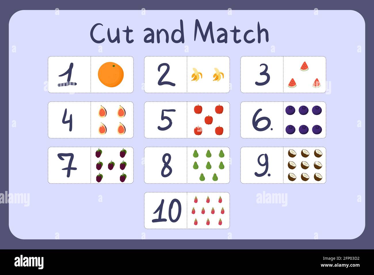 Cartes flash avec numéros pour enfants, ensemble 1. Coupez et associez des photos avec des chiffres et des fruits. Illustration pour la conception de jeux mathématiques éducatifs. Feuille de travail imprimable. Modèle de vecteur de dessin animé. Illustration de Vecteur