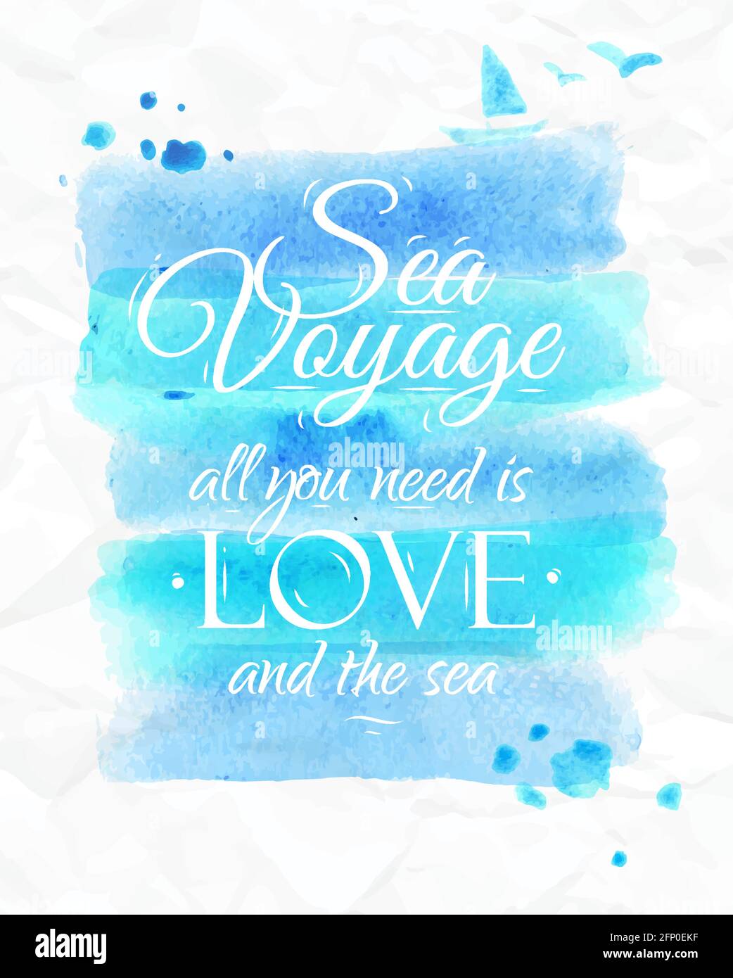 Affiche Watercolor de la mer en tons bleus sur le thème de la mer avec les mots Voyage de la mer tout ce dont vous avez besoin est l'amour et la mer. Illustration de Vecteur