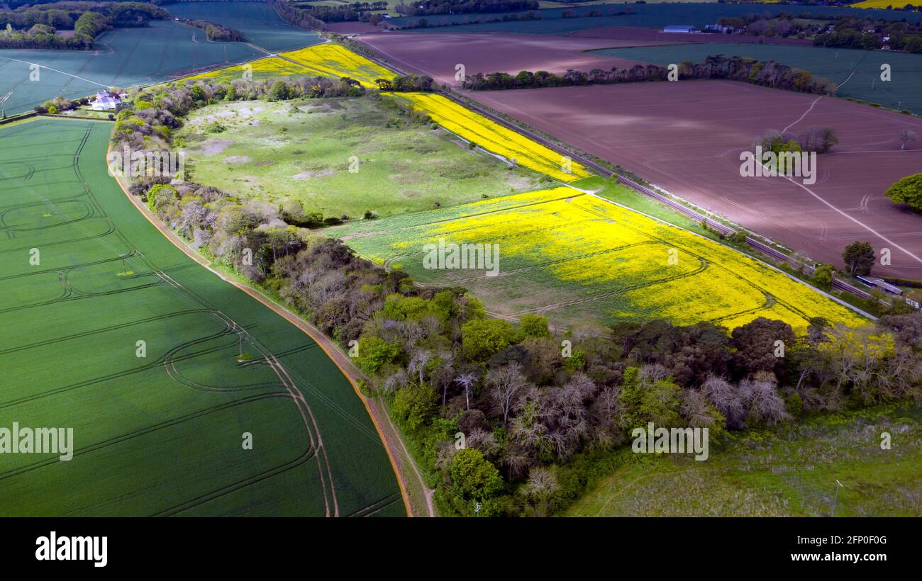 Vue aérienne de Coldblow Woods et des terres agricoles à Coldblow Farm, Ripple, Kent Banque D'Images