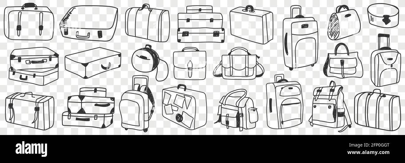 Ensemble de valises à bagages de voyage. Collection de valises dessinées à la main de différentes formes et styles pour des voyages en rangées isolées sur fond transparent Illustration de Vecteur