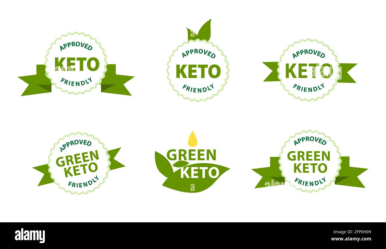 Timbre approuvé et convivial. Étiquette cétogène approuvée pour l'alimentation, de style écologique, avec rubans verts. Logo de garantie. Produits alimentaires et de nutrition friendly sta Illustration de Vecteur