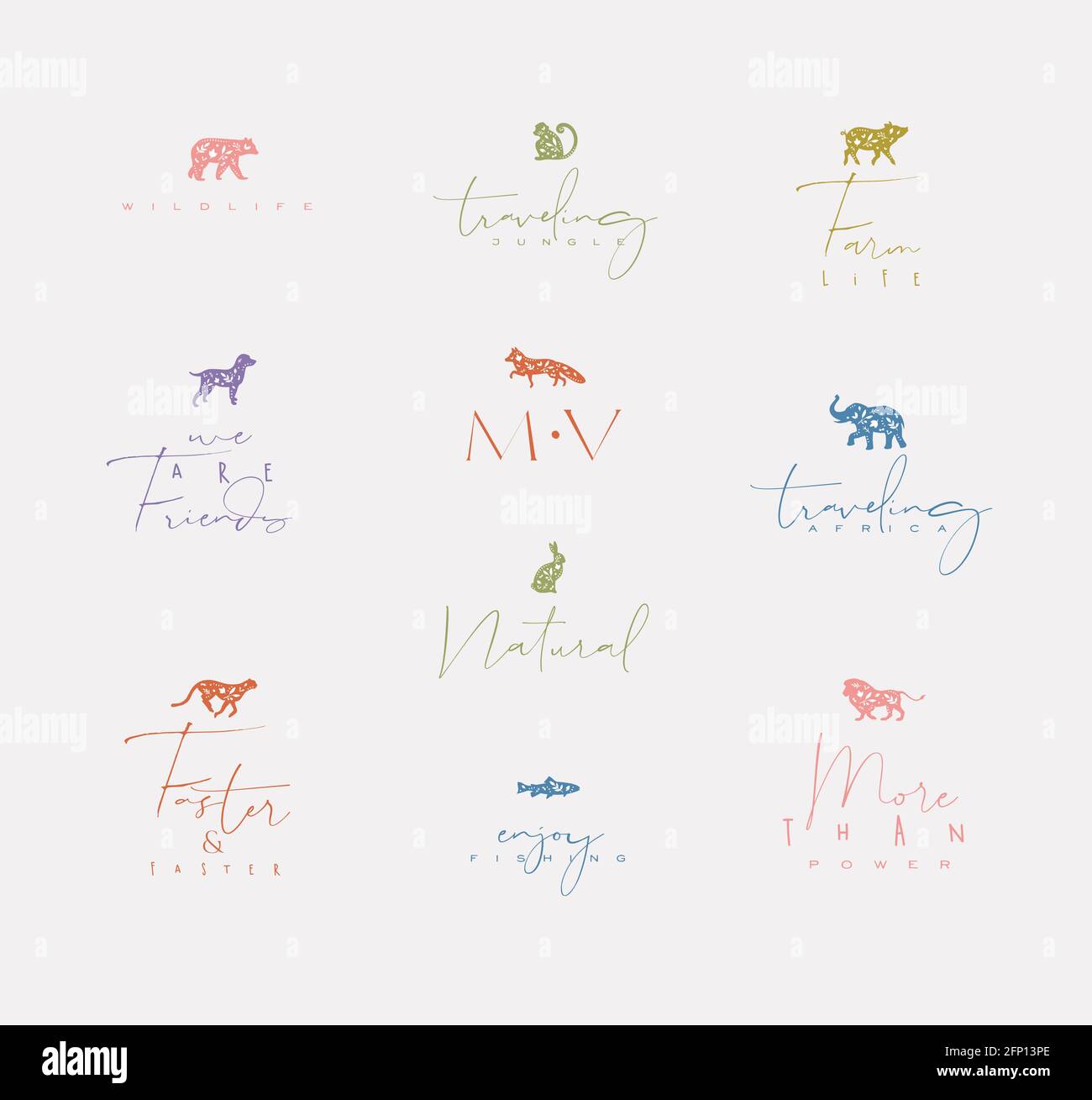Ensemble d'animaux mini fleurs graphiques signes ours, poisson, singe, renard, porc, chien, lapin, éléphant, guépard, lion avec lettrage dessin avec couleur sur sale Illustration de Vecteur