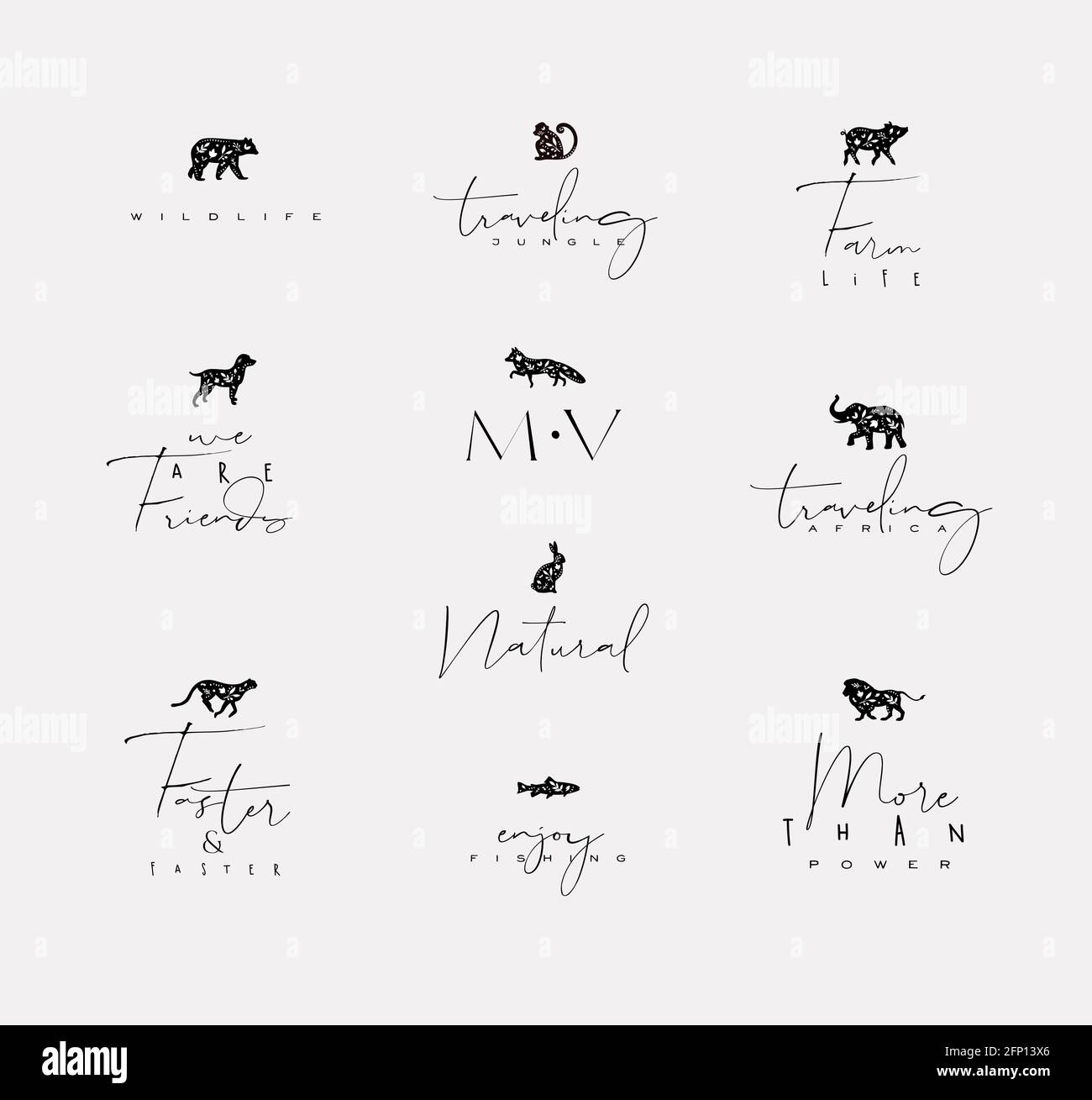 Ensemble d'animaux mini fleurs graphiques signes ours, poisson, singe, renard, porc, chien, lapin, éléphant, guépard, lion avec lettrage dessinant sur fond sale Illustration de Vecteur