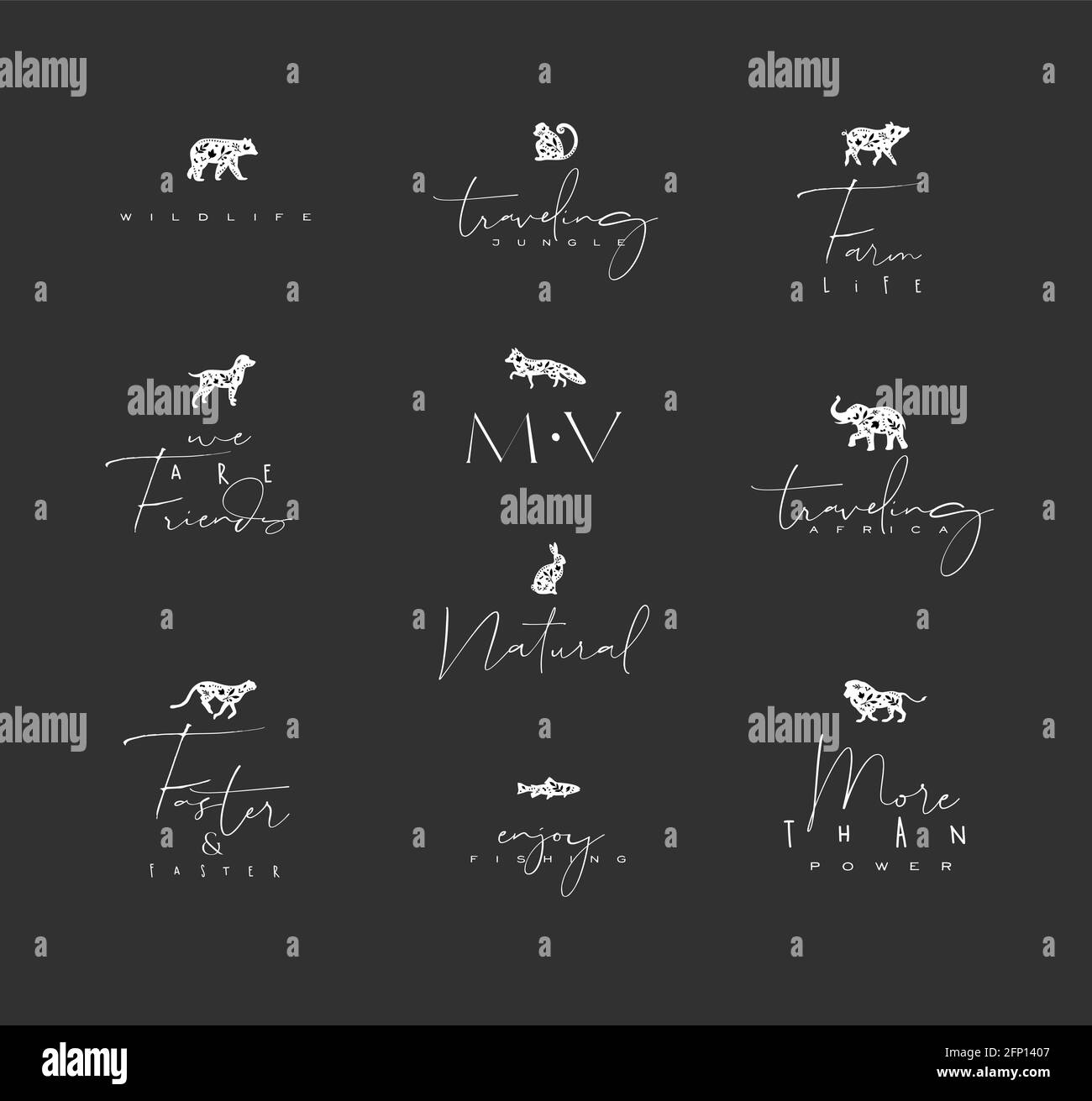 Ensemble d'animaux mini fleurs graphiques signes ours, poisson, singe, renard, porc, chien, lapin, éléphant, guépard, lion avec lettrage dessinant sur fond sombre Illustration de Vecteur