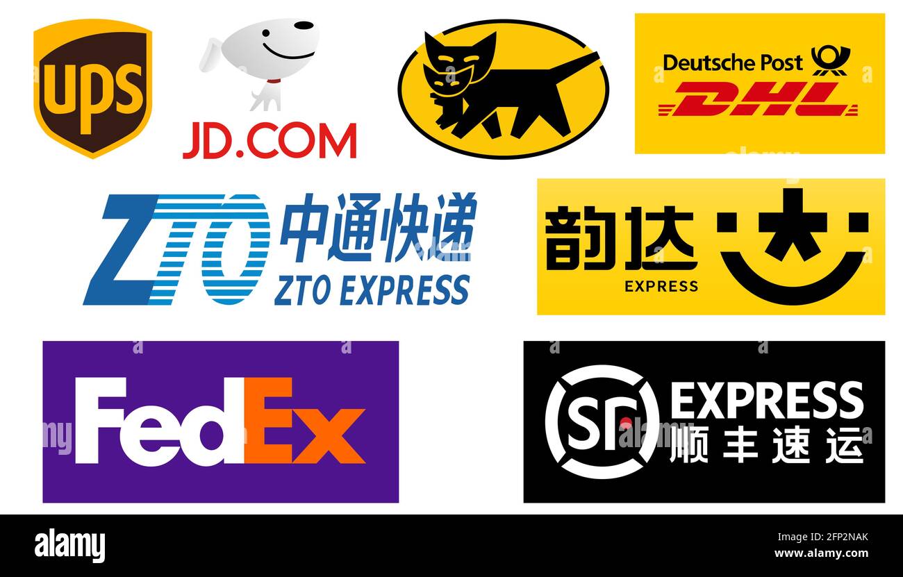 Vinnytsia, Ukraine - 19 mai 2021 ensemble des meilleures compagnies de messagerie du monde. United Parcel Service, Deutsche Post AG, FedEx Corporation, S.F. Holding, ZTO ex Illustration de Vecteur