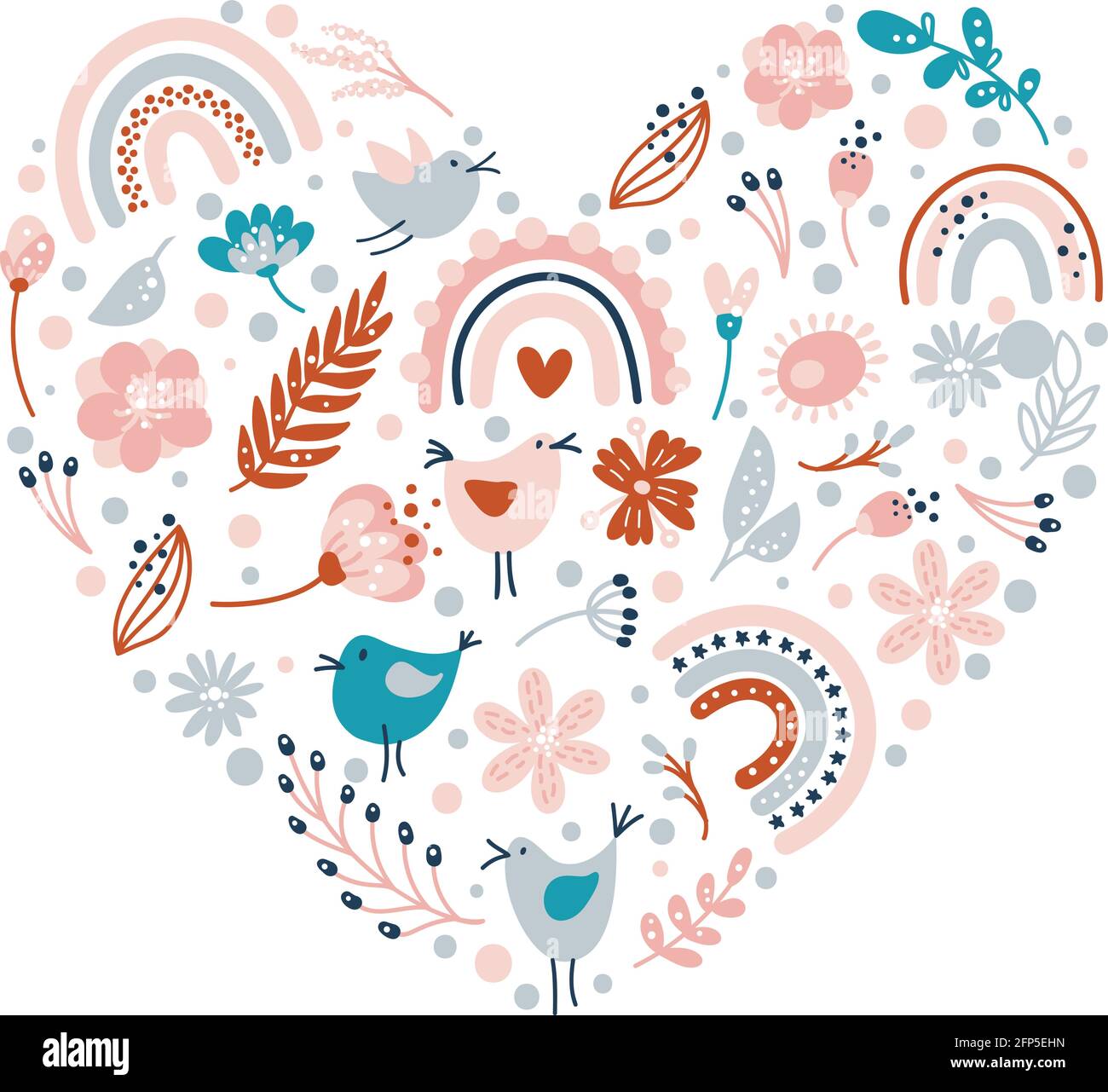Vector Floral été Valentin coeur. Composition de bouquet de printemps avec fleurs dessinées à la main, arcs-en-ciel et plantes. Illustration scandinave romantique de l'amour Illustration de Vecteur