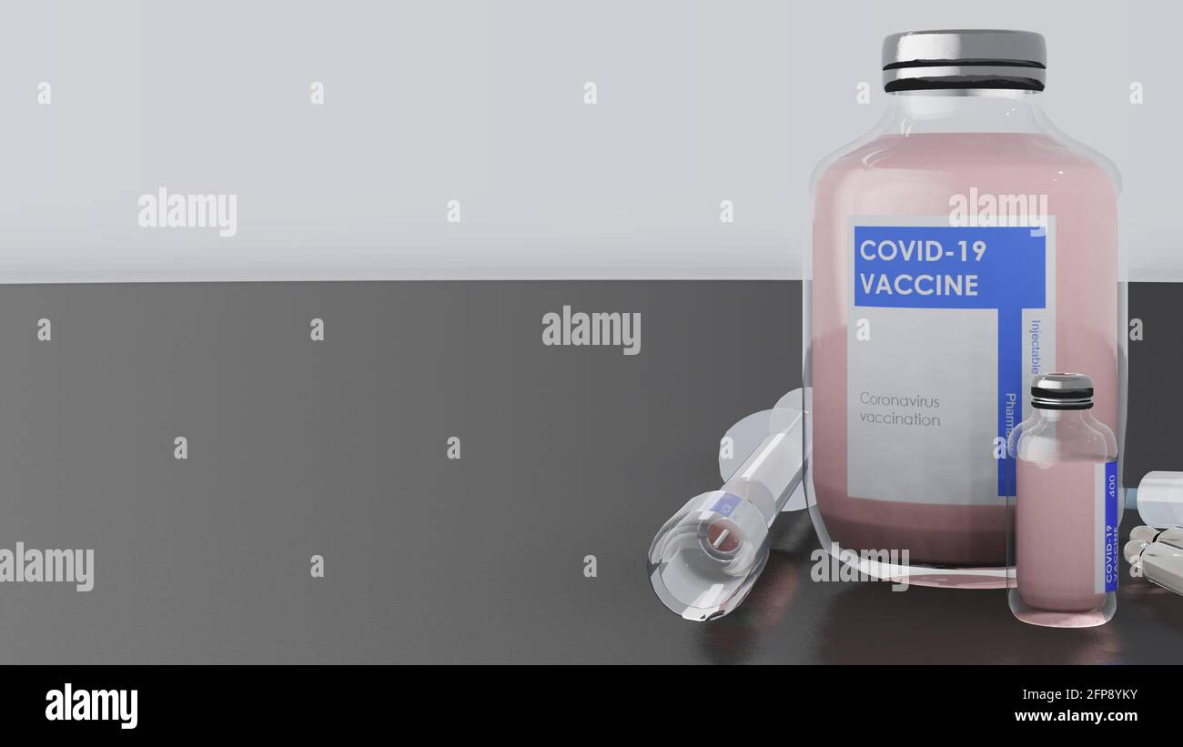 Flacons de vaccin contre le coronavirus Covid-19. Illustration 3D. Banque D'Images