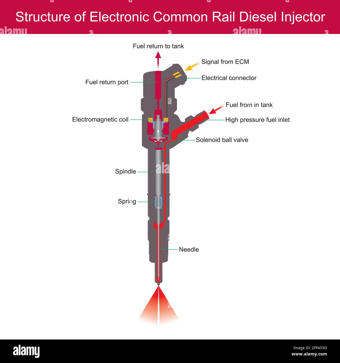 Structure de l'injecteur de carburant diesel à rampe commune électronique. L'illustration explique une pièce à l'intérieur de l'injecteur de gazole à rampe commune électronique. Illustration de Vecteur