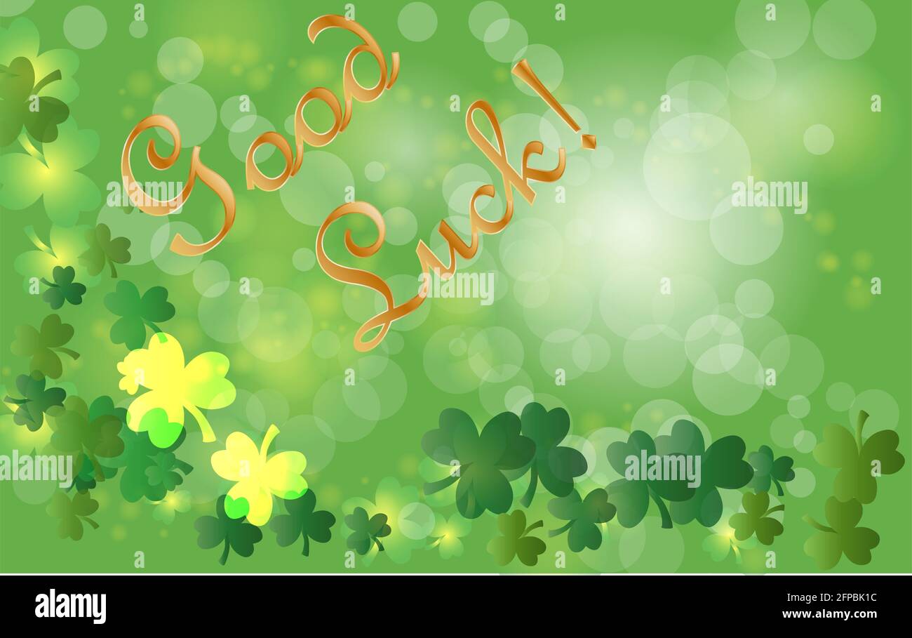 Saint Patrick's Day Greeting card avec les feuilles de trèfle vert étincelaient et texte. Inscription - bonne chance Illustration de Vecteur
