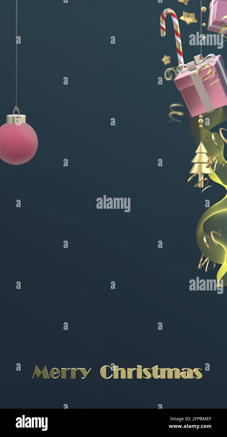 Bannière verticale des fêtes de Noël, bordure, menu. Carte verticale d'entreprise. Boîtes cadeaux de Noël, boules de boules sur bleu foncé. Texte doré Joyeux Noël. 3D Banque D'Images