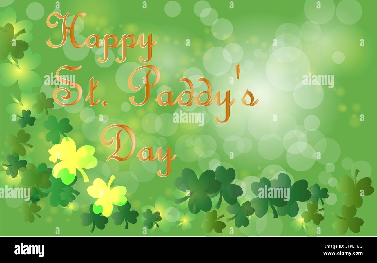 Saint Patrick's Day Greeting card avec les feuilles de trèfle vert étincelaient et texte. Inscription - Bonne journée Rhône-Alpes Illustration de Vecteur