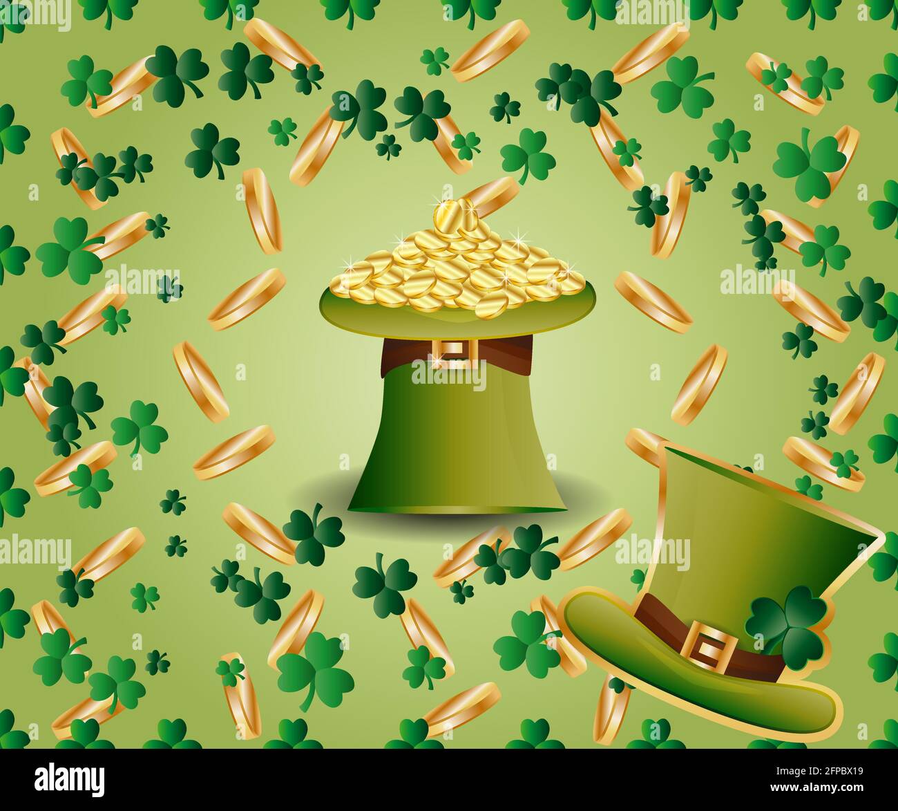 Saint Patrick's Day Greeting card avec un chapeau vert plein de pièces d'or, les feuilles de trèfle vert parkled Illustration de Vecteur