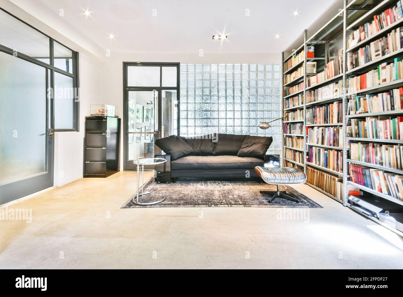 Décoration intérieure confortable d'une bibliothèque spacieuse avec canapé confortable et moquette près des étagères dans l'appartement moderne Banque D'Images