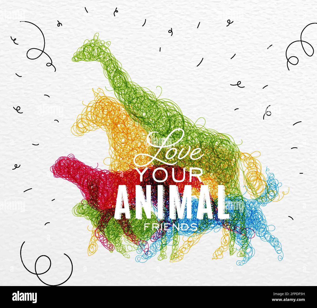 Stylo à dessin à la main enchevêtrement animaux sauvages girafe, cheval, jaguar, chien, lapin lettrage aimez vos amis animaux dessiner avec de l'encre de couleur sur fond de papier Illustration de Vecteur