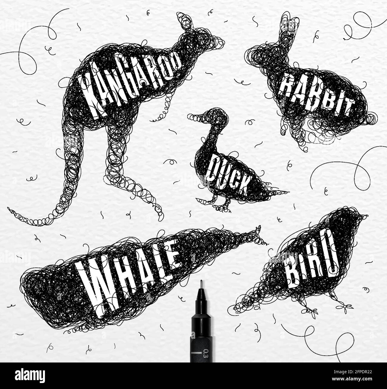 Stylo main dessin enchevêtrement animaux sauvages canard, baleine, oiseau, lapin, kangourou avec inscription noms des animaux dessin sur fond papier Illustration de Vecteur