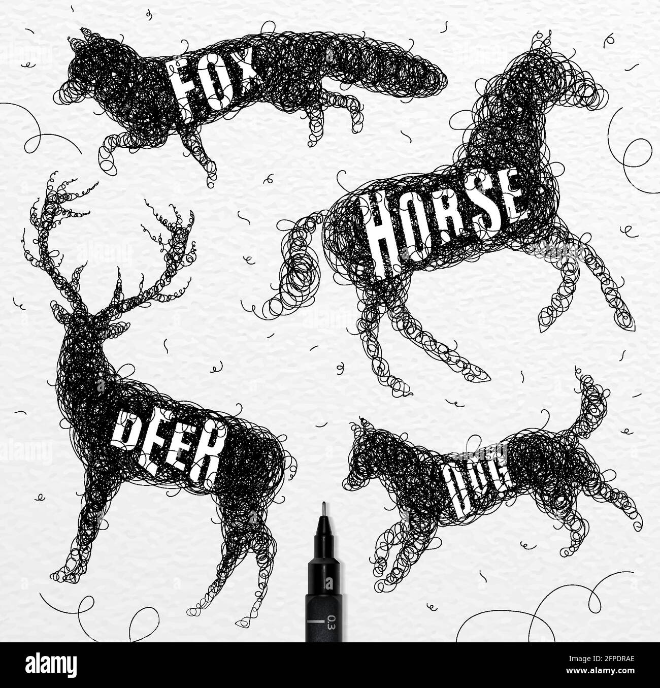 Stylo main dessin enchevêtrement animaux sauvages cerf, cheval, renard, chien avec inscription noms des animaux dessin sur fond papier Illustration de Vecteur