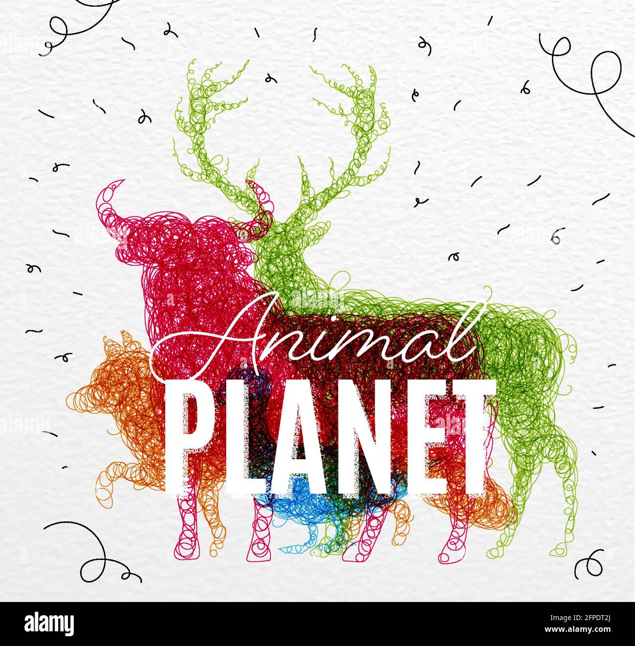 Stylo à dessin à la main enchevêtrement animaux sauvages cerf, taureau, loup, canard lettrage animal planète amis dessin avec de l'encre de couleur sur fond de papier Illustration de Vecteur