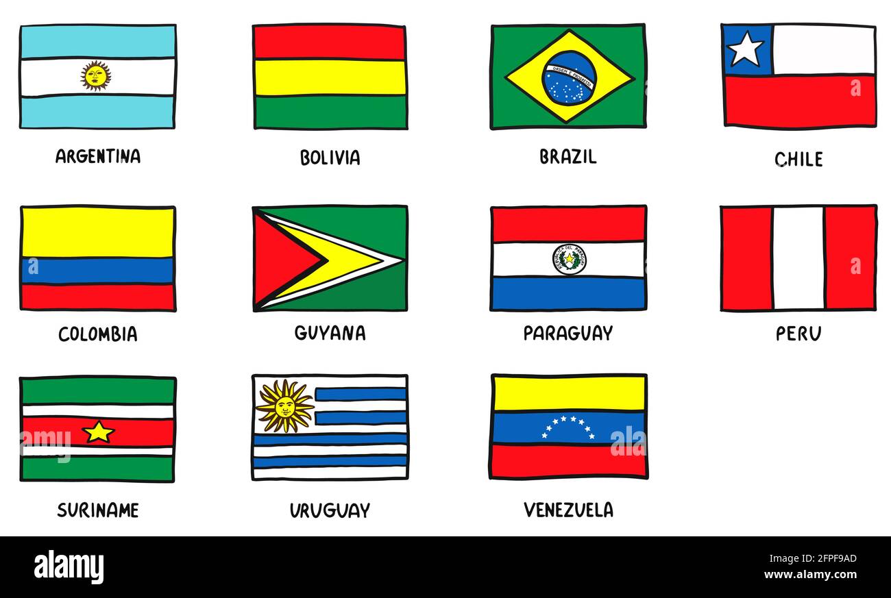 Les drapeaux d'Amérique du Sud définissent un croquis. Illustration du vecteur Doodle dessiné à la main Illustration de Vecteur