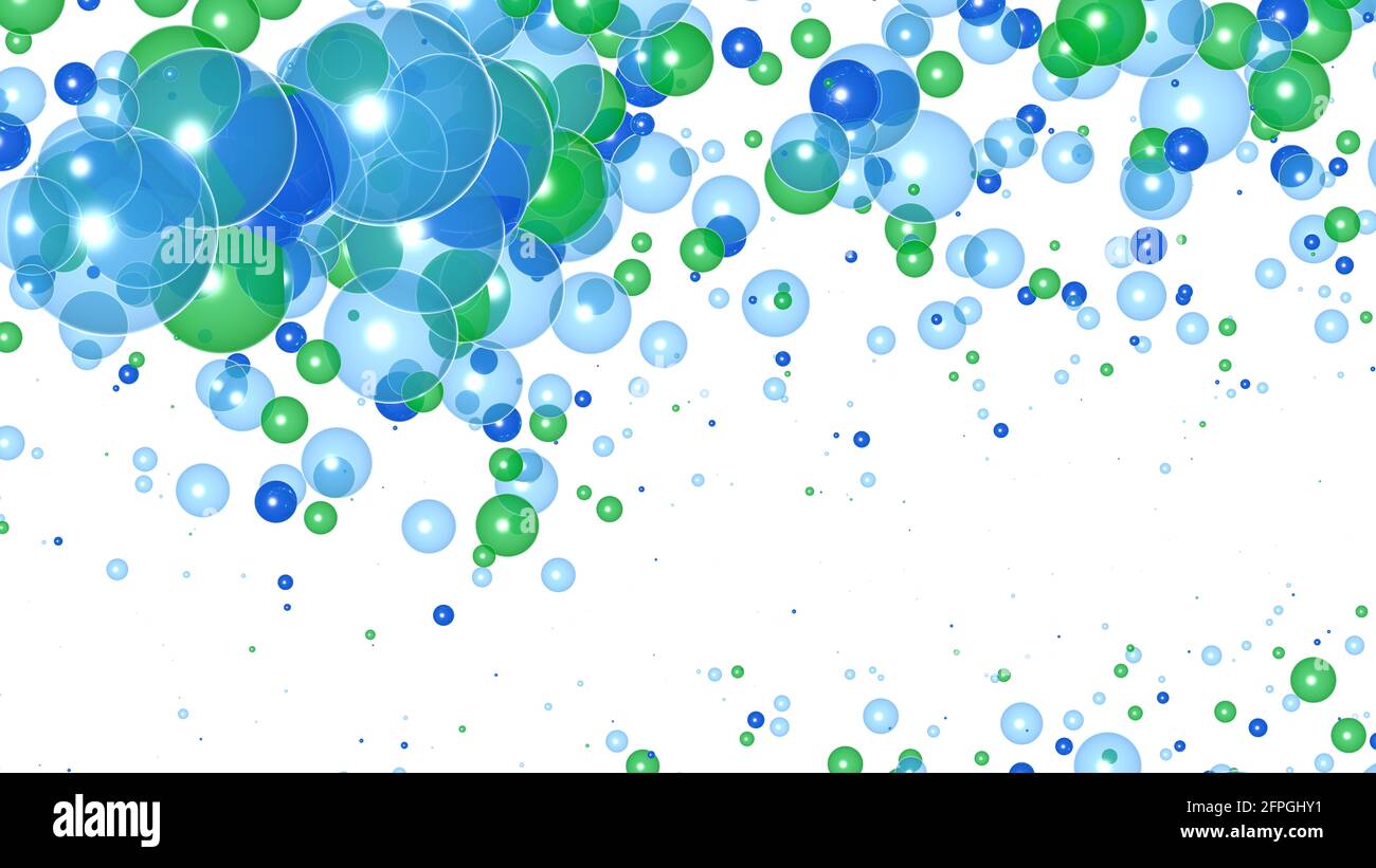 Arrière-plan illustration 3d des bulles de gaz flottant dans l'espace. Bleu et vert sur fond blanc. Banque D'Images