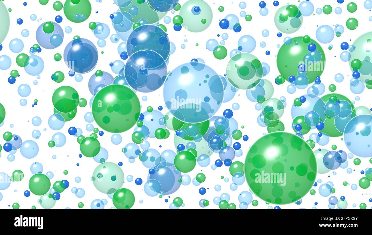 Arrière-plan illustration 3d des bulles de gaz flottant dans l'espace. Bleu et vert sur fond blanc. Banque D'Images