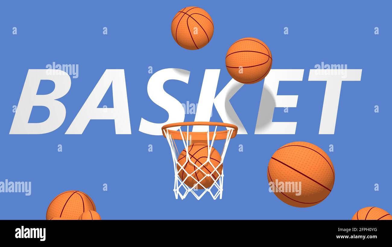 illustration 3d de ballons de basket qui vont jusqu'au panier et un peu de  score. Représentation graphique de couleur vive sur fond bleu Photo Stock -  Alamy