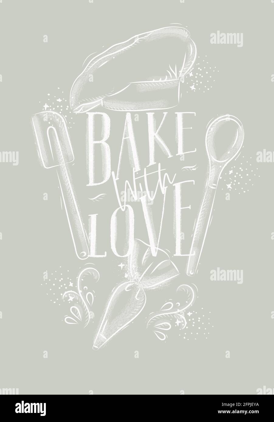 Affiche avec équipement de pâtisserie illustré lettrage de cuisson avec amour dans le style de dessin à la main sur fond gris. Illustration de Vecteur