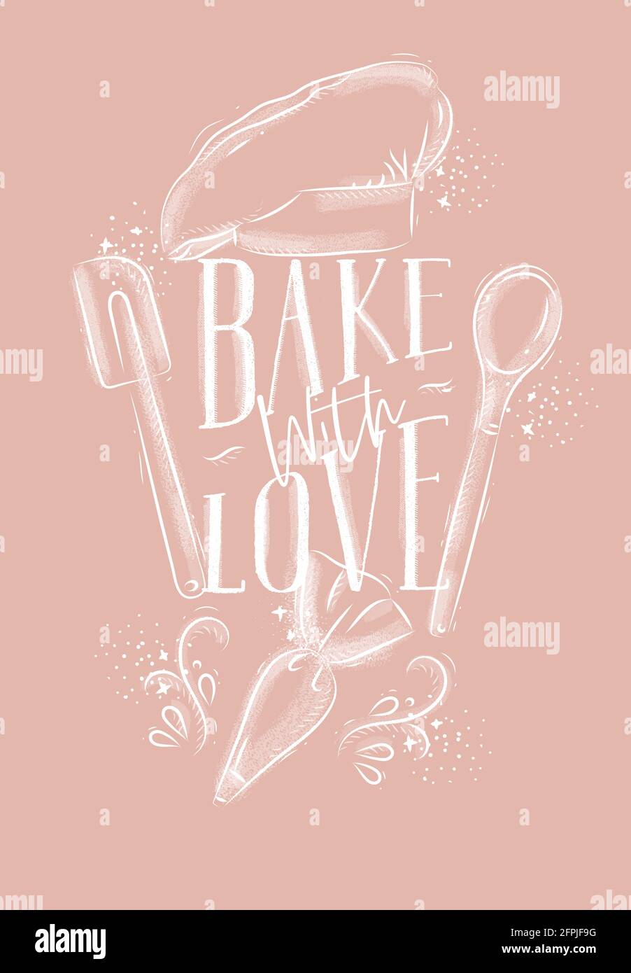 Affiche avec équipement de pâtisserie illustré lettering de cuisson avec amour dans le style de dessin à la main sur fond rose. Illustration de Vecteur