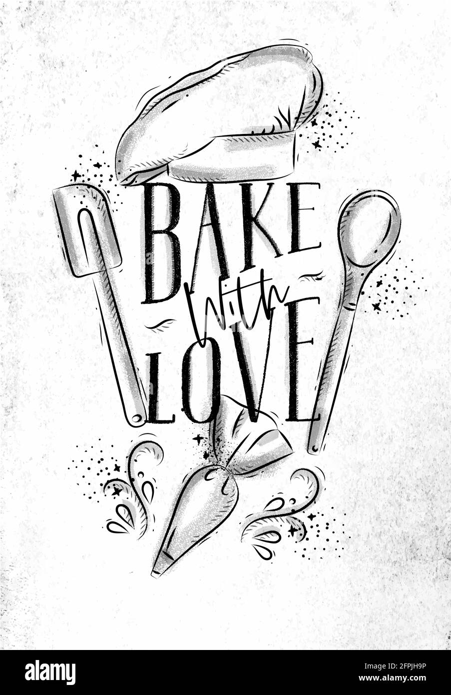 Affiche avec équipement de pâtisserie illustré lettering de cuisson avec amour dans le style de dessin à la main sur fond de papier sale. Illustration de Vecteur