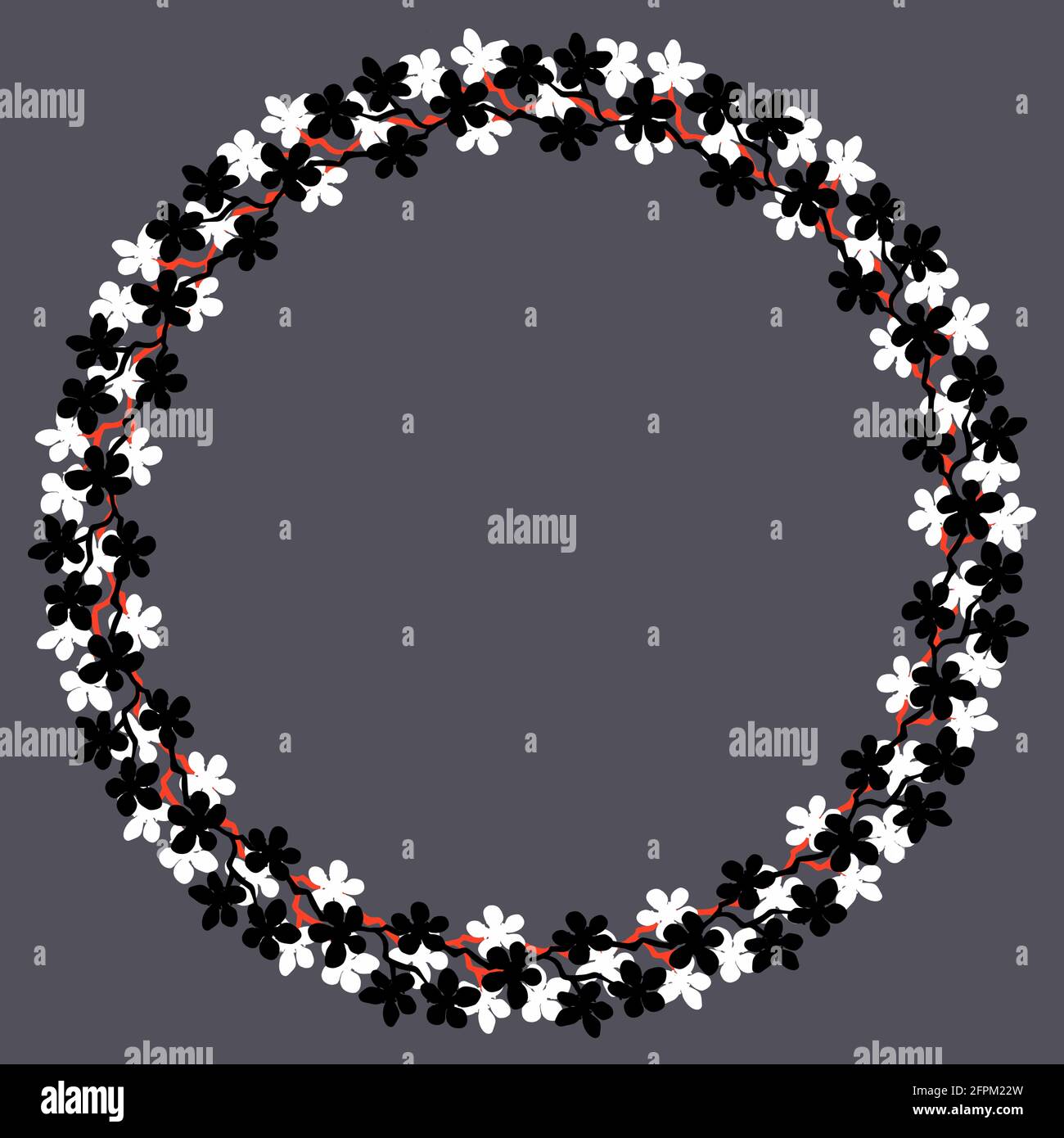 Couronne de fleurs colorées.couronne délicate de branches de sakura.fleurs dessinées à la main, cercle Cadre de fleurs noir et blanc sur gris.Design pour Banque D'Images