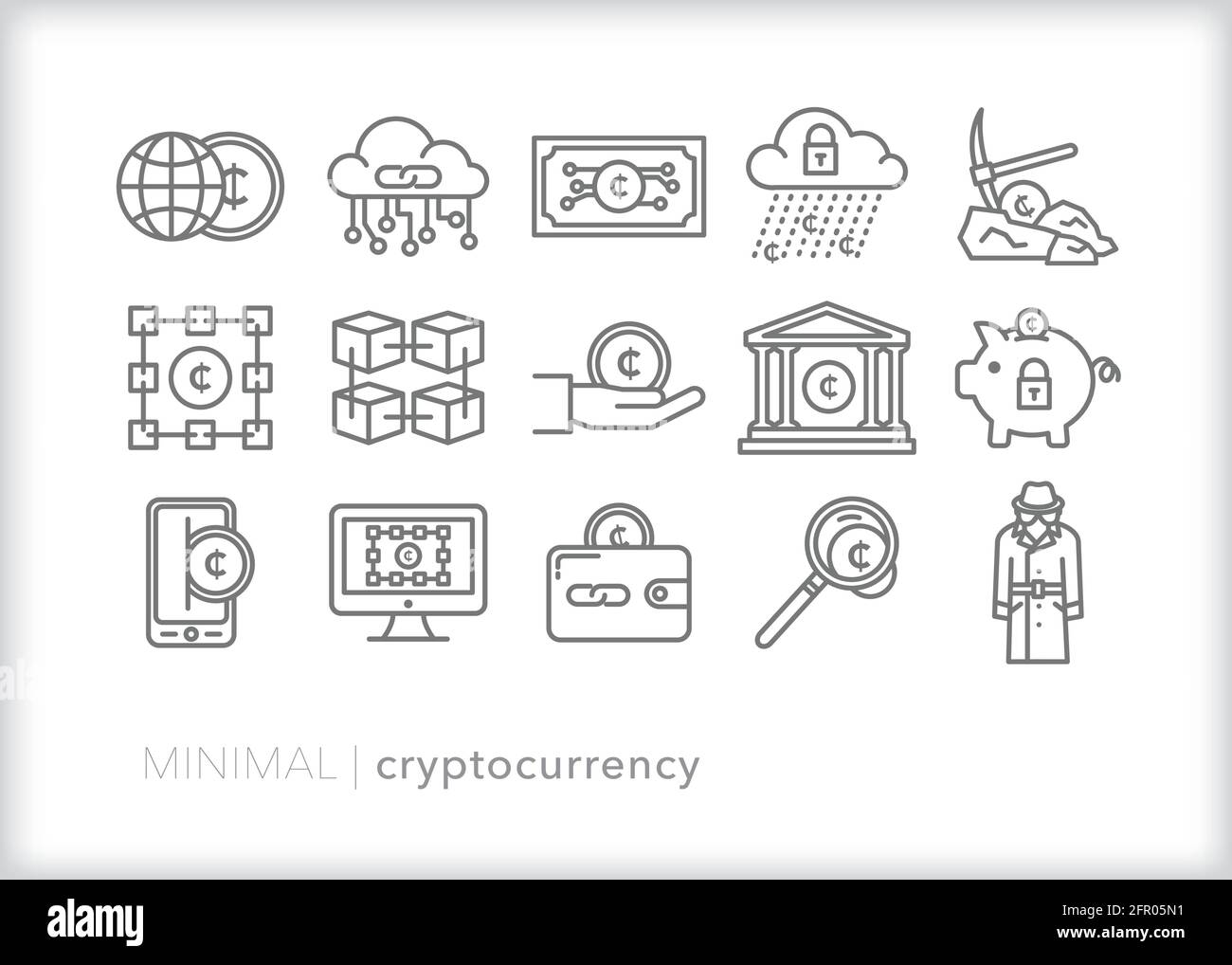 Ensemble d'icônes de ligne de crypto-monnaie de l'argent numérique protégé par technologie blockchain Illustration de Vecteur
