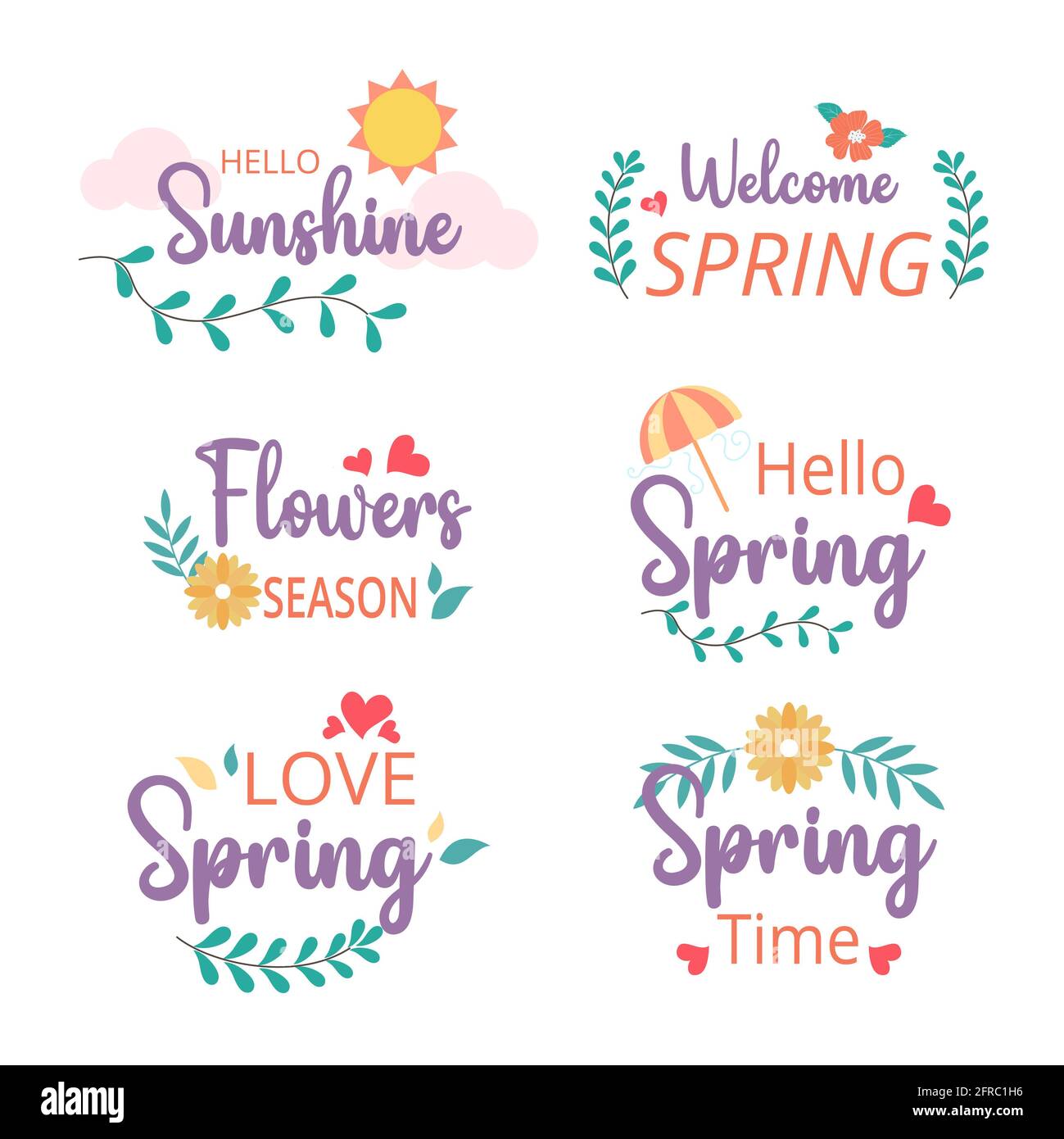 Collection d'étiquettes et d'insignes de printemps de bienvenue. Bonjour printemps. Dessiné à la main. Illustration vectorielle. Conception plate. Banque D'Images