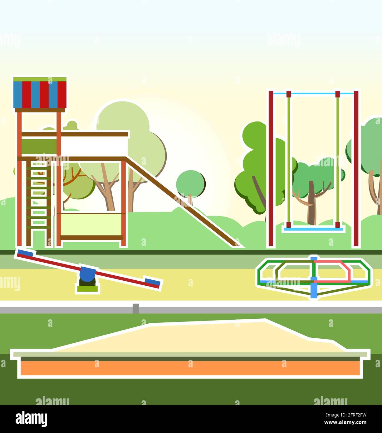 Aire de jeux dans le parc. Balançoires, toboggans et carrousels. Illustration de style dessin animé plat. Un lieu de jeu pour les enfants. Bac à sable pour enfants. Landsca extérieur Illustration de Vecteur