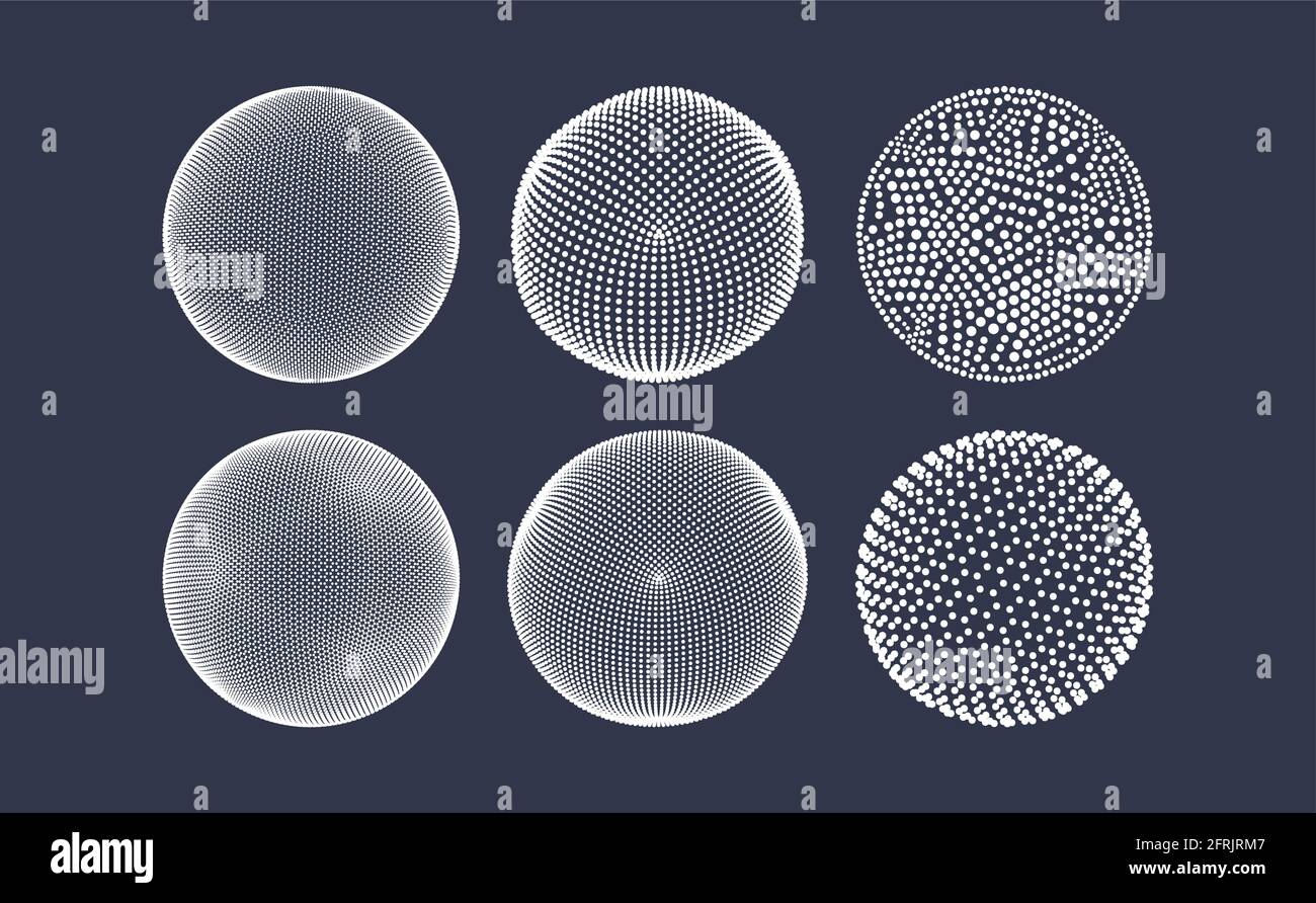 Sphères composées de points. Connexions numériques globales. Concept de technologie. Réseau de particules dynamiques. Conception de grille 3D. Illustration vectorielle pour sc Illustration de Vecteur