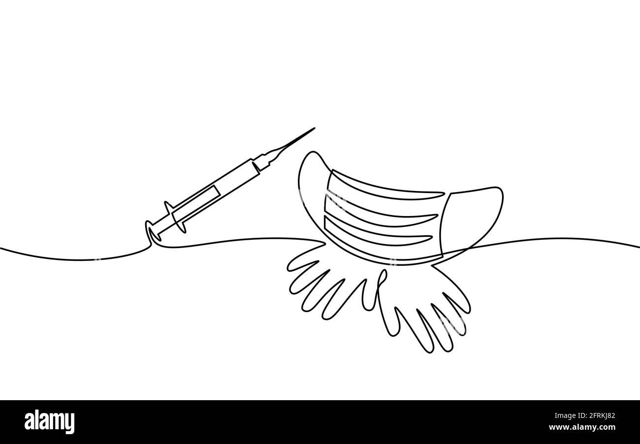 Seringue de vaccin un seul art de ligne concept. Esquisse manuelle sans danger du coronavirus pandémique COVID. Injection Epidemia pneumonie allergie blanc monochrome Illustration de Vecteur