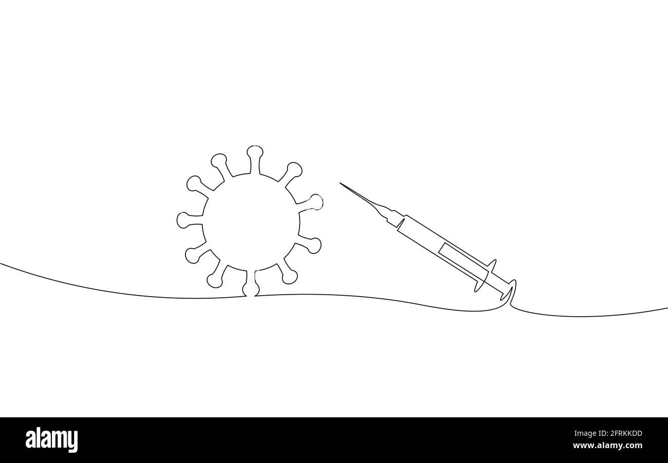 Seringue de vaccin un seul art de ligne concept. Esquisse manuelle sans danger du coronavirus pandémique COVID. Injection Epidemia pneumonie allergie blanc monochrome Illustration de Vecteur