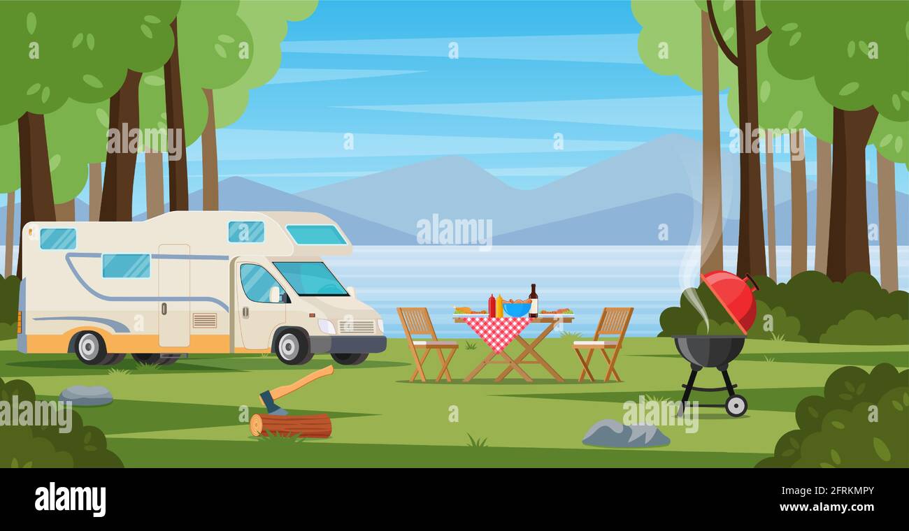 Cabine de camping avec chaise longue à table pliante pour barbecue Image  Vectorielle Stock - Alamy