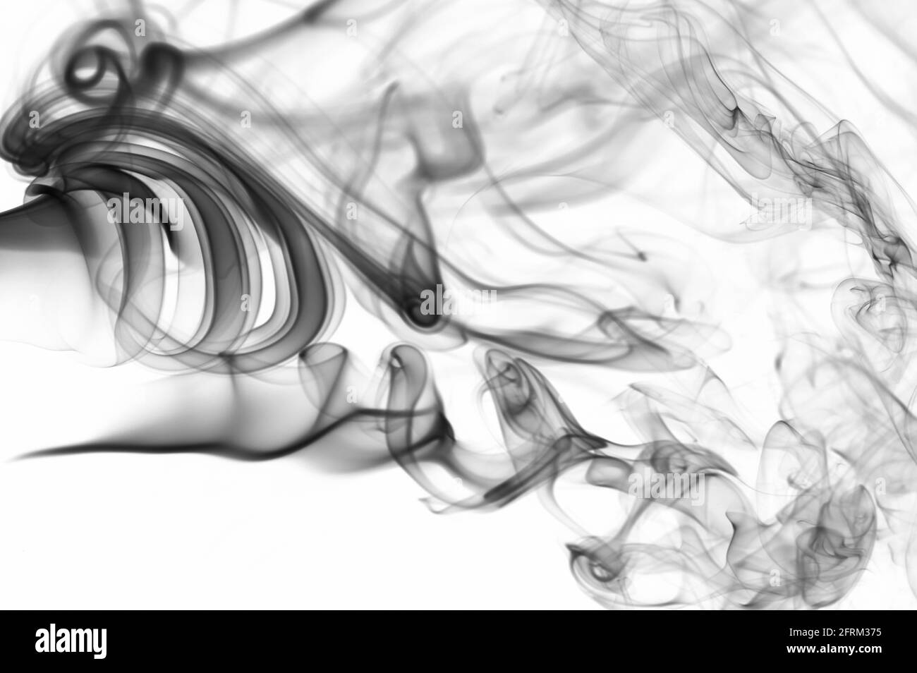 Abstrait noir transparent fumée ondulée toile de fond blanche. Nuage de la courbe de fumée mystère Banque D'Images