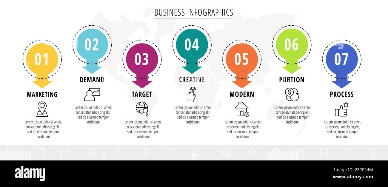 Infographies vectorielles ou chronogramme sept cartes de cercles reliées par des flèches. Concept commercial de 7 étapes. Modèle de conception pour diagramme, bannière, flux de travail Illustration de Vecteur