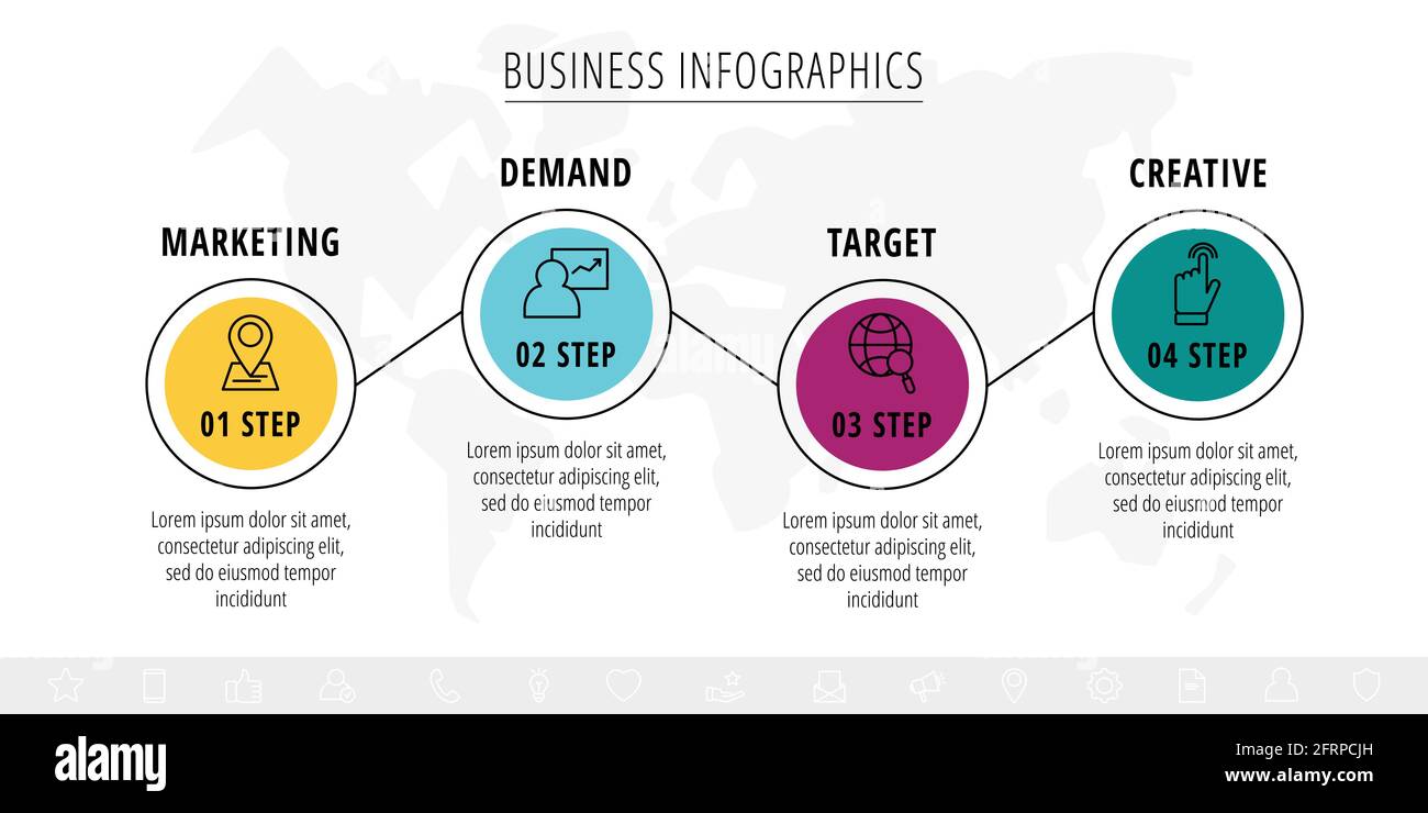Infographie moderne et vectorielle avec icônes et quatre étapes. Cercles avec des lignes fines pour l'application, site Web, graphique, niveaux, diagramme, bannière Illustration de Vecteur