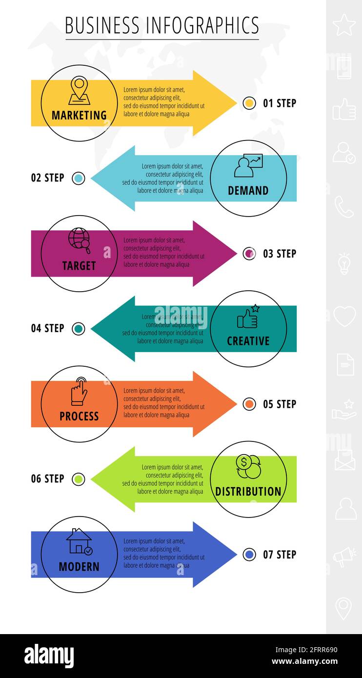 Modèle d'infographies de ligne vectorielle pour 7 flèches et cercles colorés. Concept d'entreprise avec sept éléments et icônes. Espace vierge moderne pour le graphique Illustration de Vecteur