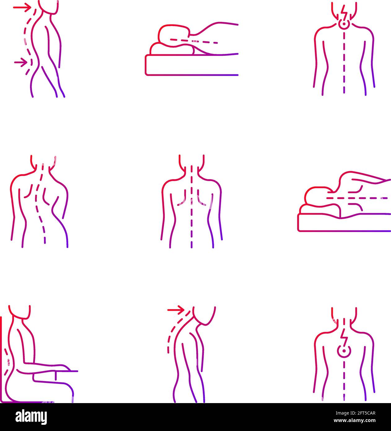 Problèmes de dos et de posture ensemble d'icônes de vecteur linéaire de gradient. Lordose lombaire. Position de veille incorrecte. Douleurs au cou. Ensemble de symboles de contour de ligne mince. Illustration de Vecteur