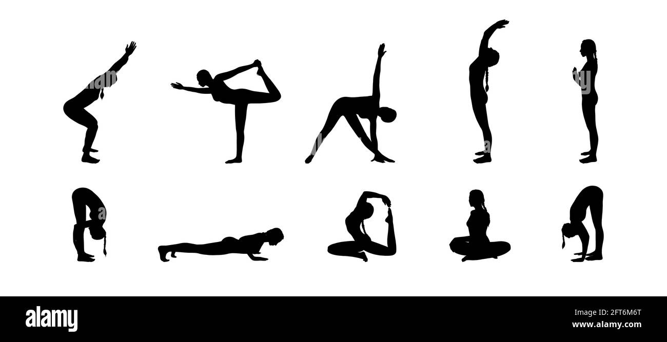 Ensemble de silhouettes Yogi Woman. Hatha yoga asanas. Illustration vectorielle isolée sur fond blanc Illustration de Vecteur