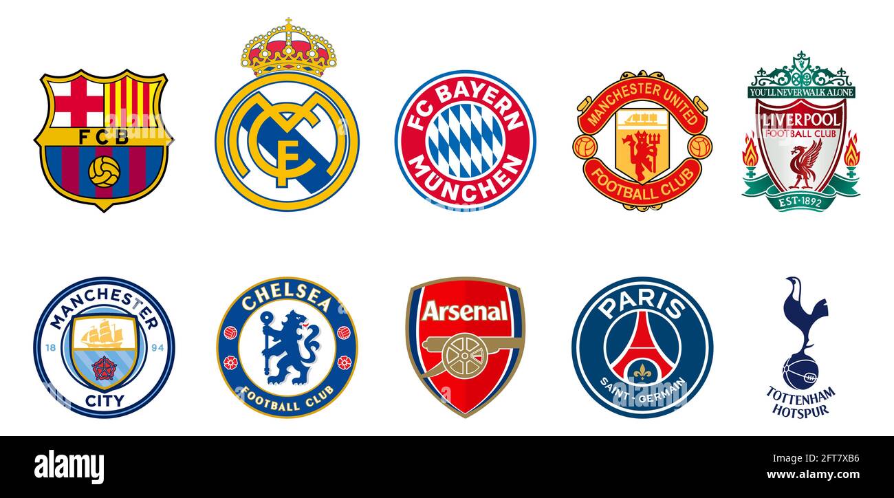 Vinnytsia, Ukraine - 19 mai 2021 Top 10 des clubs de football les plus précieux au monde en 2021. FC Barcelone, Real Madrid CF, Bayern Munich, Manchester un Illustration de Vecteur