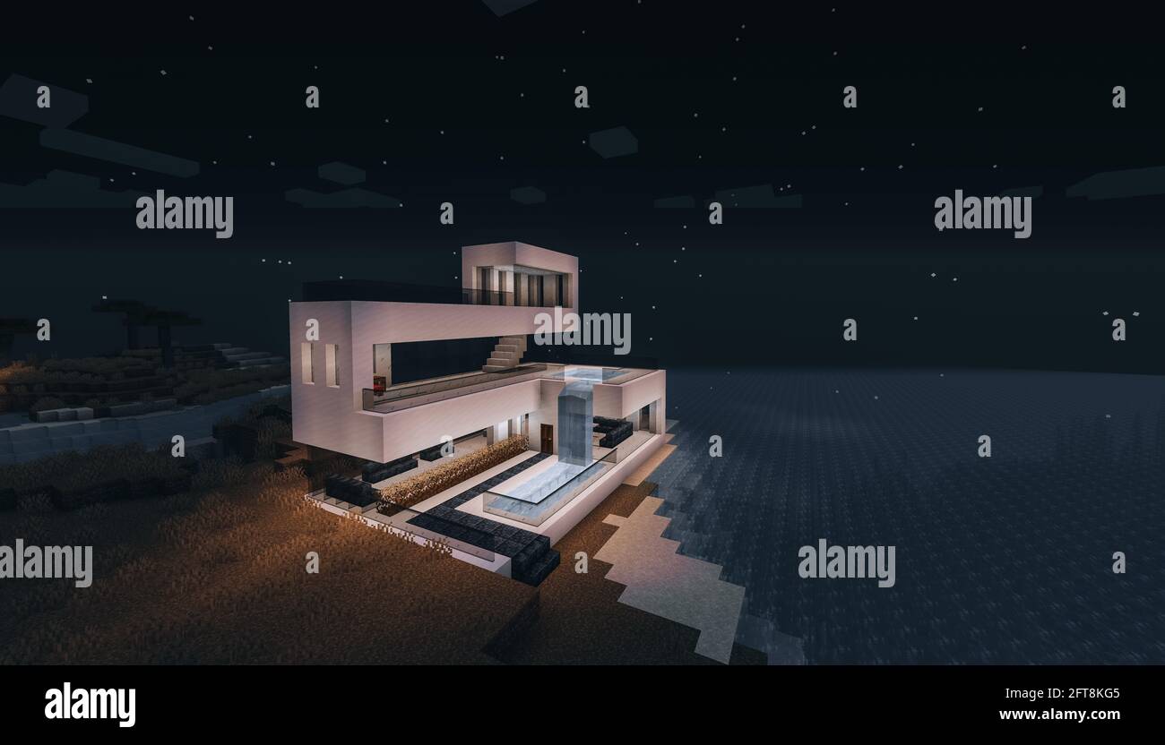 Minecraft Game – Mai 21 2021 : exemple de design moderne de la maison dans Minecraft Game 3D illustration. Éditorial Banque D'Images
