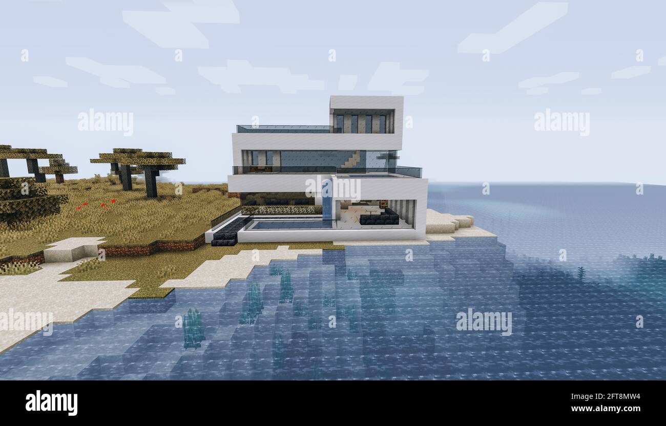 Minecraft Game – Mai 21 2021 : exemple de design moderne de la maison dans Minecraft Game 3D illustration. Éditorial Banque D'Images