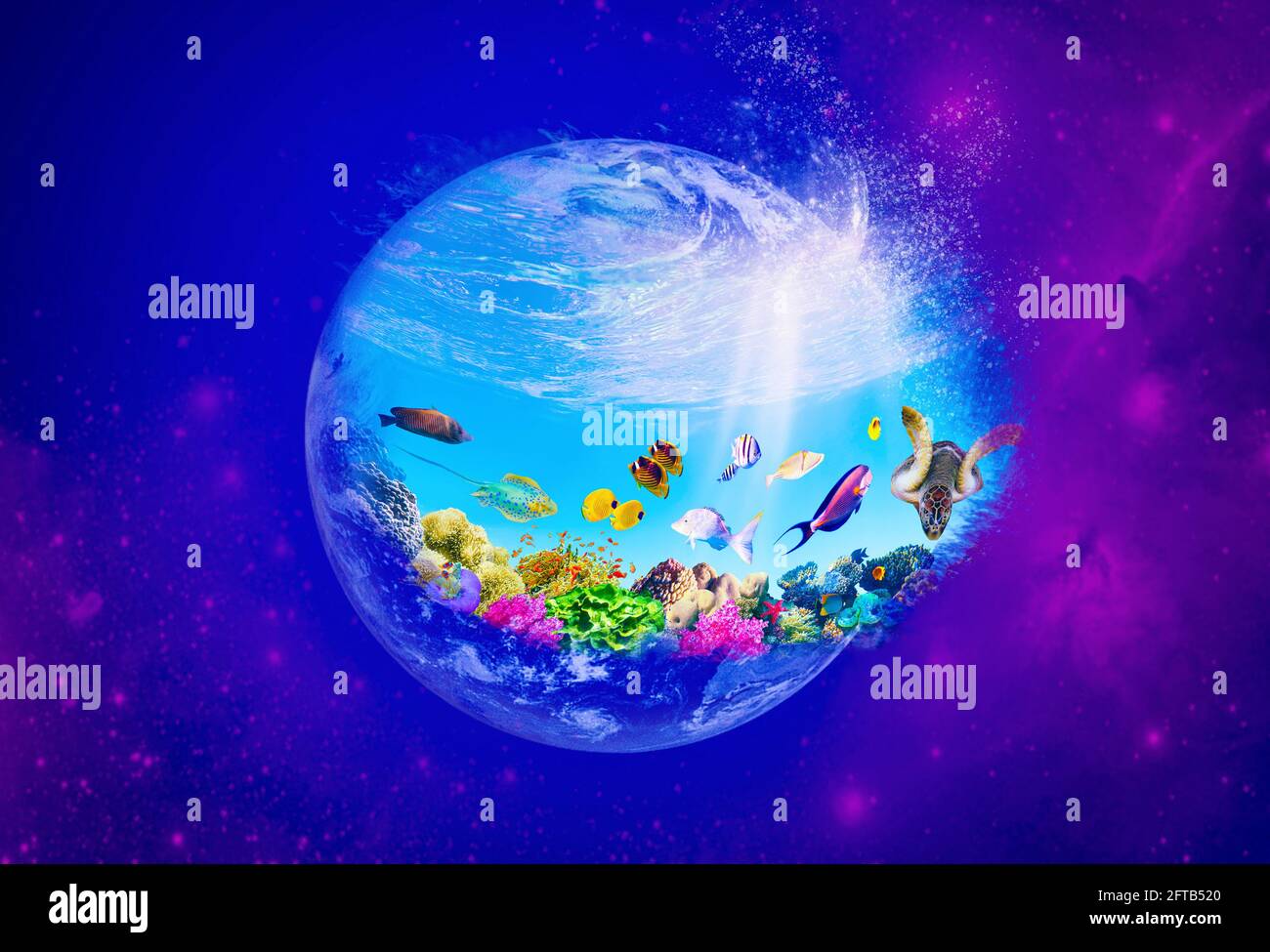 Image conceptuelle de l'océan mondial comme planète ou globe dans l'espace. Concept de protection de l'environnement. Monde sous-marin. Récif de corail et poissons de la mer Rouge Banque D'Images