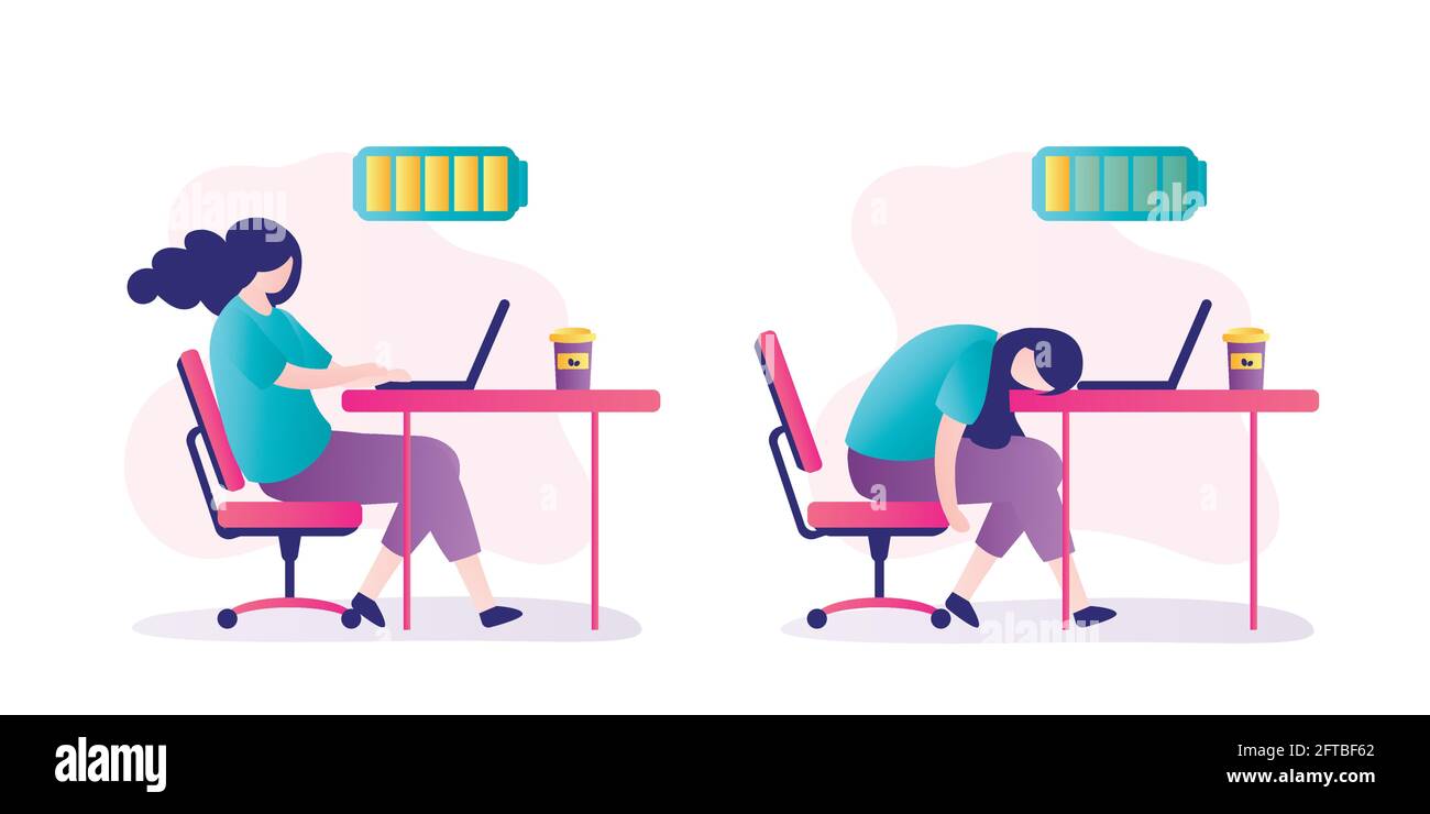 Une femme d'affaires heureuse et épuisée est assise sur le lieu de travail. Personnage féminin avec batterie pleine et faible assis à la table. Employé ou étudiant fatigué. Concept de Illustration de Vecteur