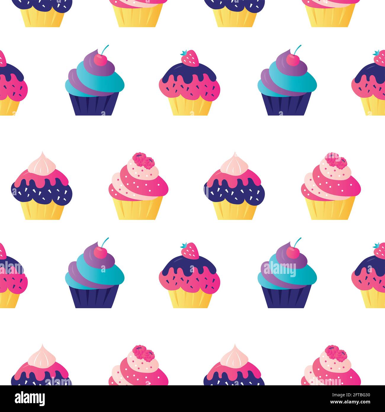 Motif sans couture avec divers petits gâteaux. Divers bonbons sur fond blanc. Confiserie avec baies et asperges décorées. Desserts, pâtisseries et Illustration de Vecteur