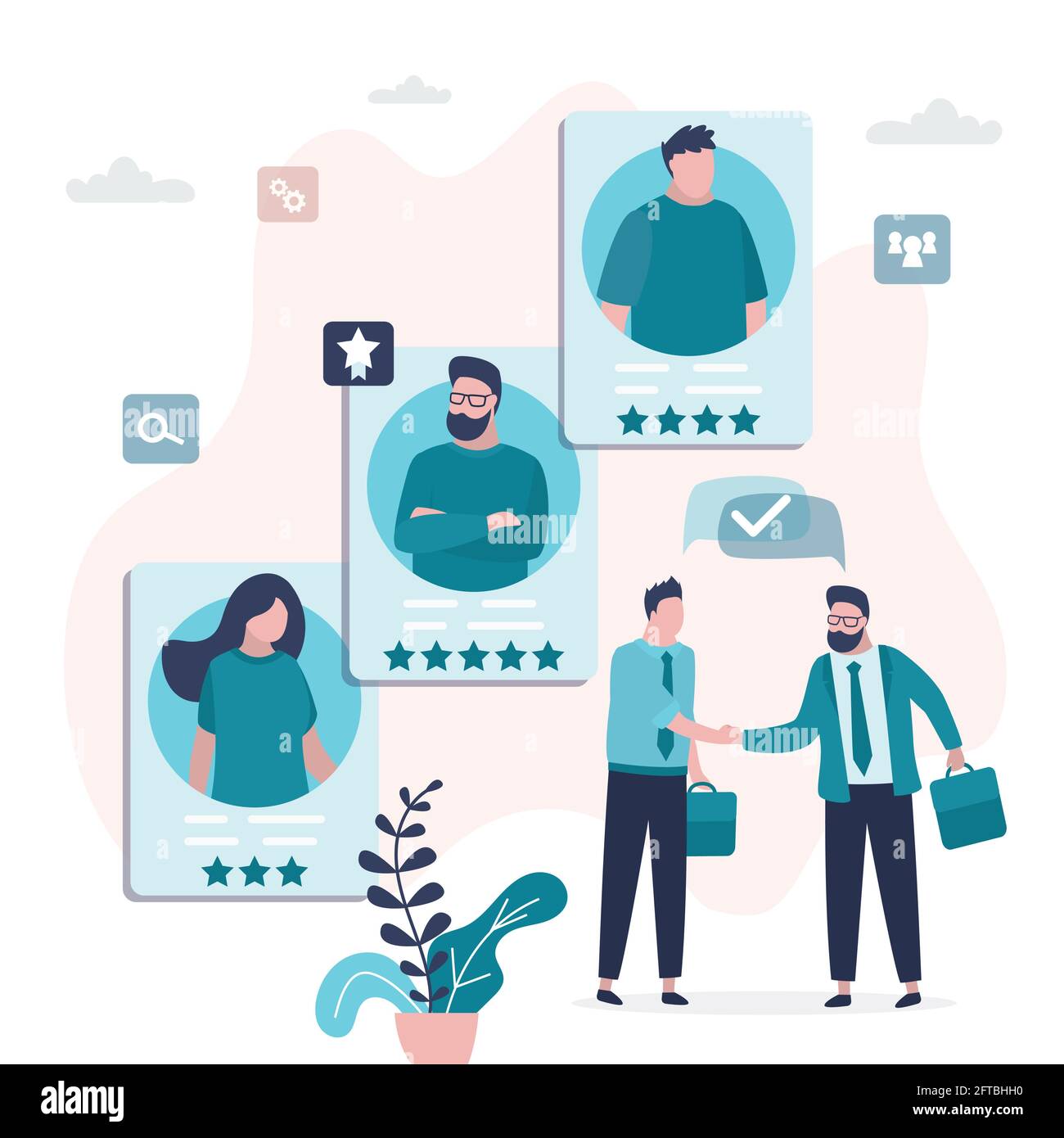 Les gens d'affaires se secouent la main. Divers curriculum vitae des candidats. CV des demandeurs d'emploi. Le bon choix. L'homme d'affaires choisit le travailleur et embauche. Évaluation des compétences Illustration de Vecteur